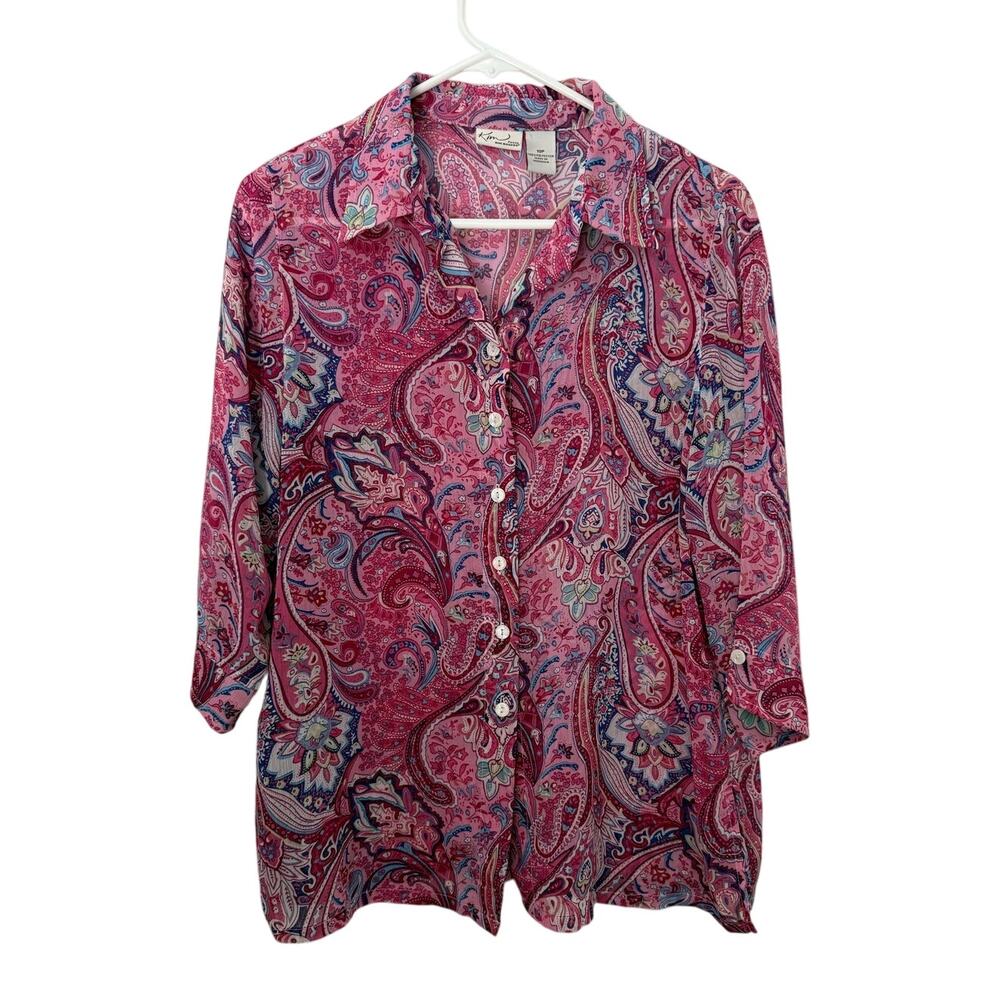 Kim Rogers Pink Paisley Button-Up Blouse – Size 10P